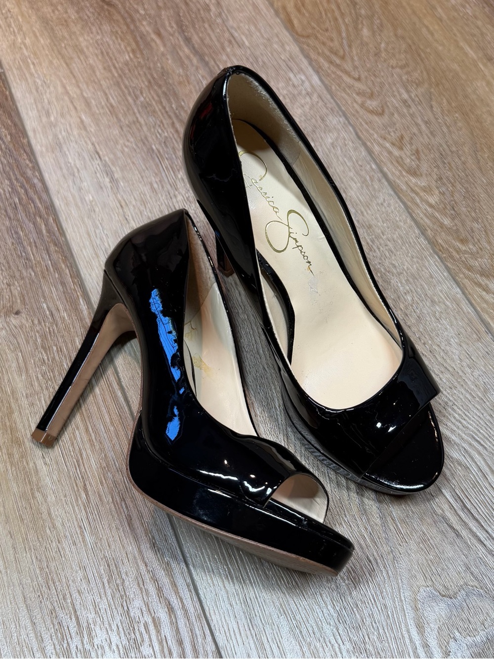 Jessica Simpson Black Patent Peep-Toe Platform Stilettos - Size 6.5M / 37 Y2K